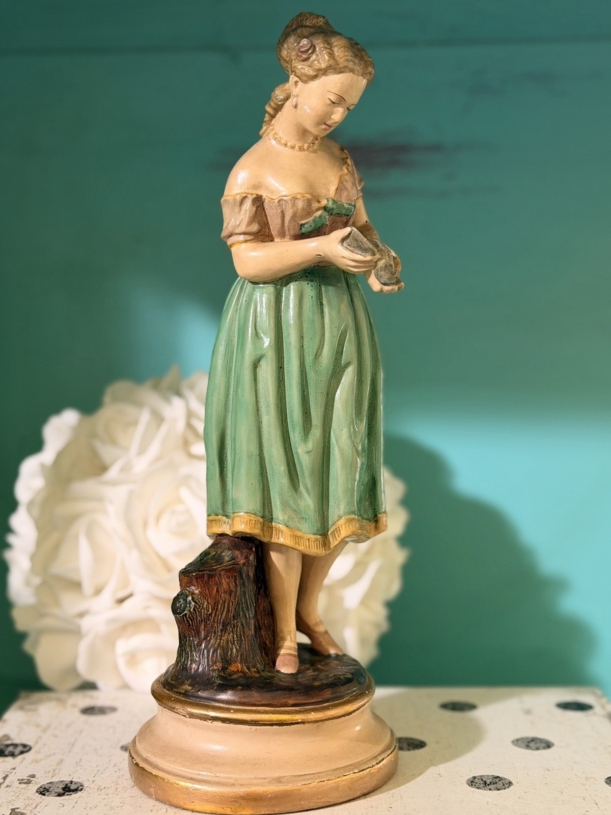 VTG Borghese Handpainted Peasant Girl Holding a Bird Chalkware Figurine 11″ USA