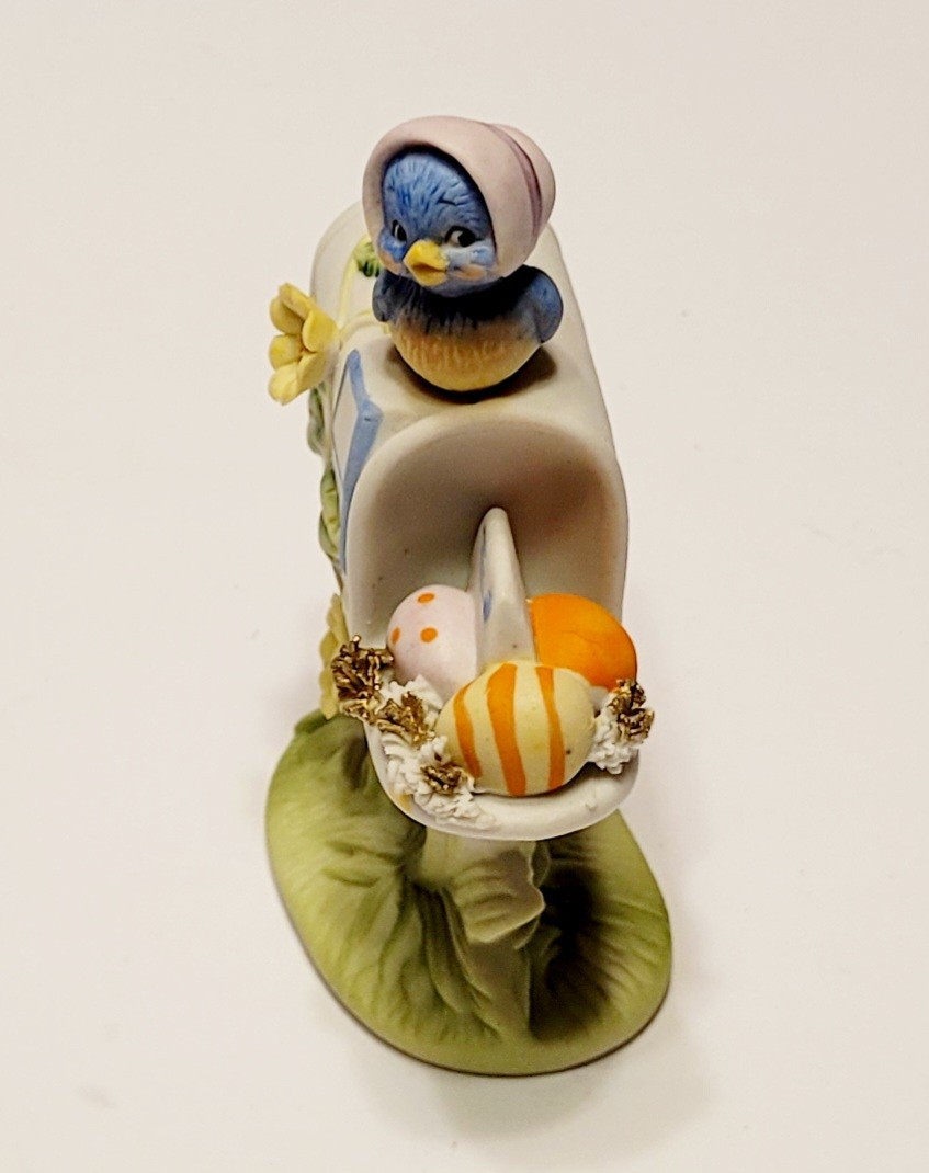 Vintage Enesco Easter Egg Mailbox Blue Bird Figure Figurine Hand Painted Floral