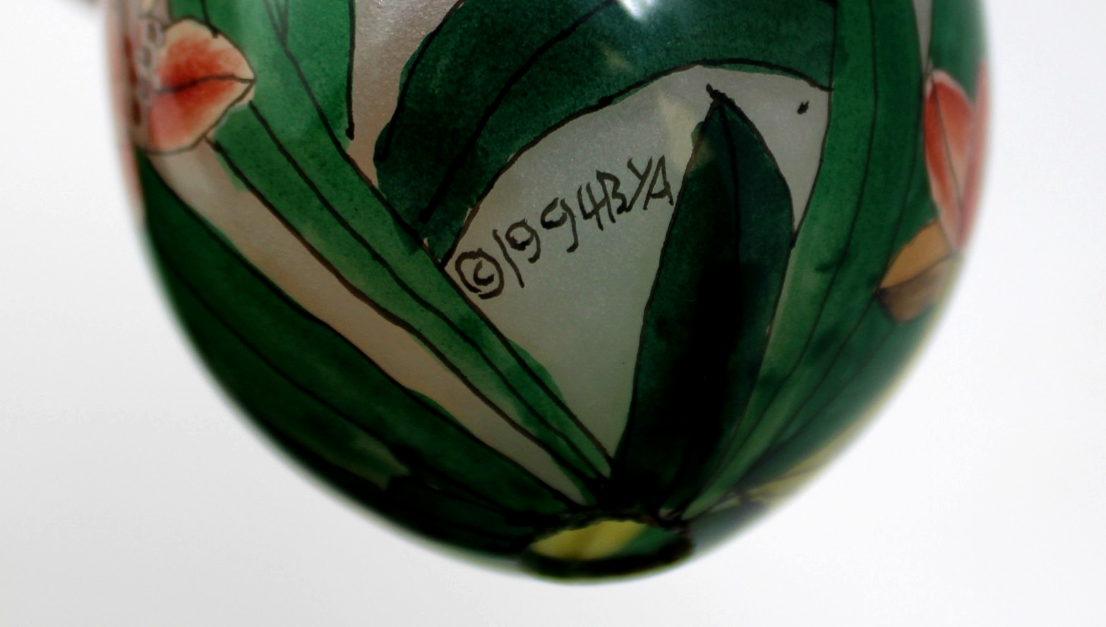 Vintage Li Bien Reverse Hand Painted Glass Egg Lily Flowers w/ Stand 1990s