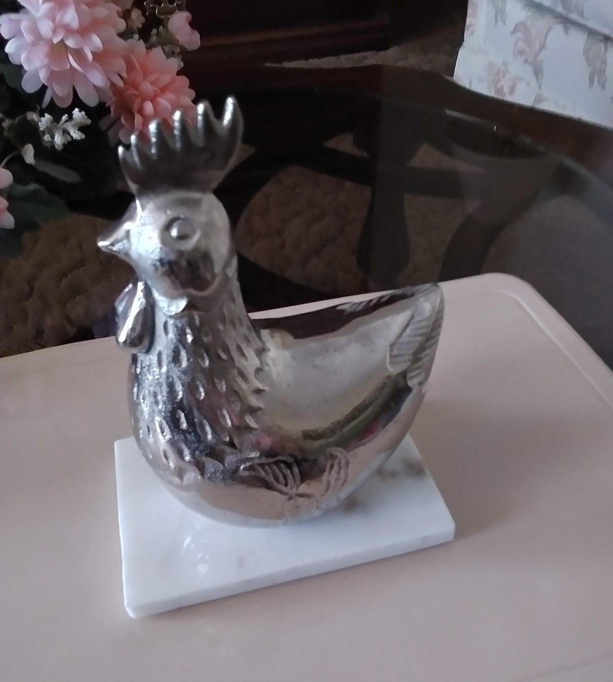 NEW 8″ SILVER TONE METAL ROOSTER FIGURINE on MARBLE BASE DEC. KITCHEN INDIA