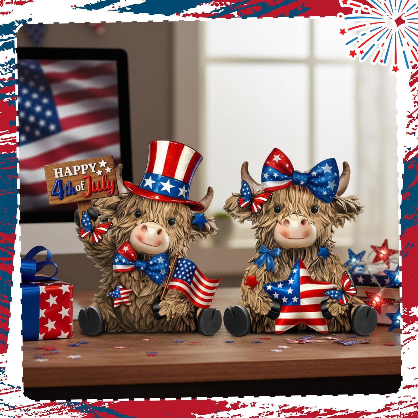 2 Pack 4th of July Patriotic Highland Cow Decorations Memorial Day Highland C…