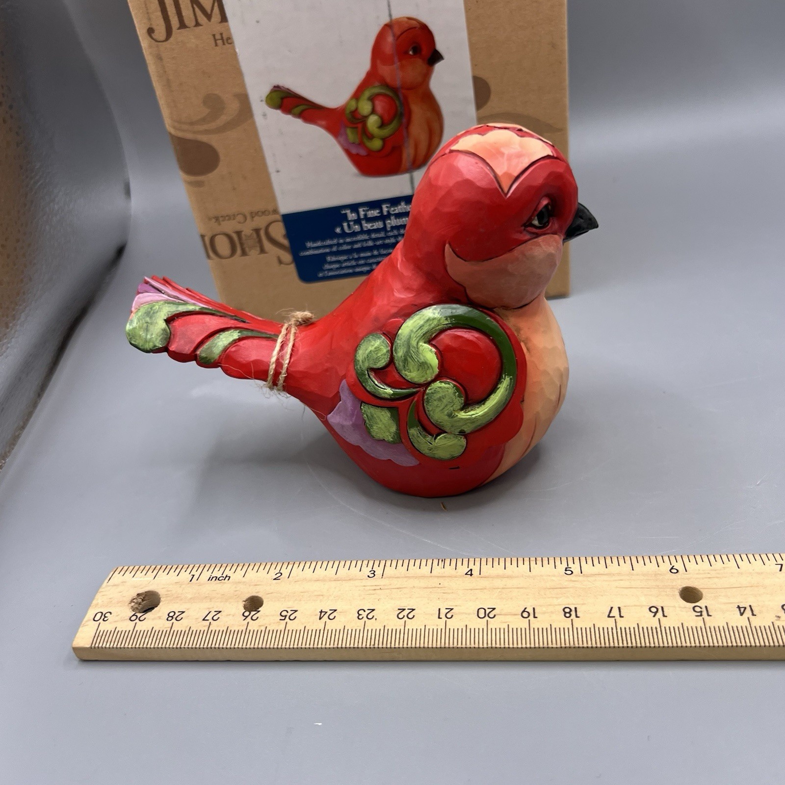 Jim Shore Heartwood Creek Red Floral Bird w Folk Art Swirls “In Fine Feather”