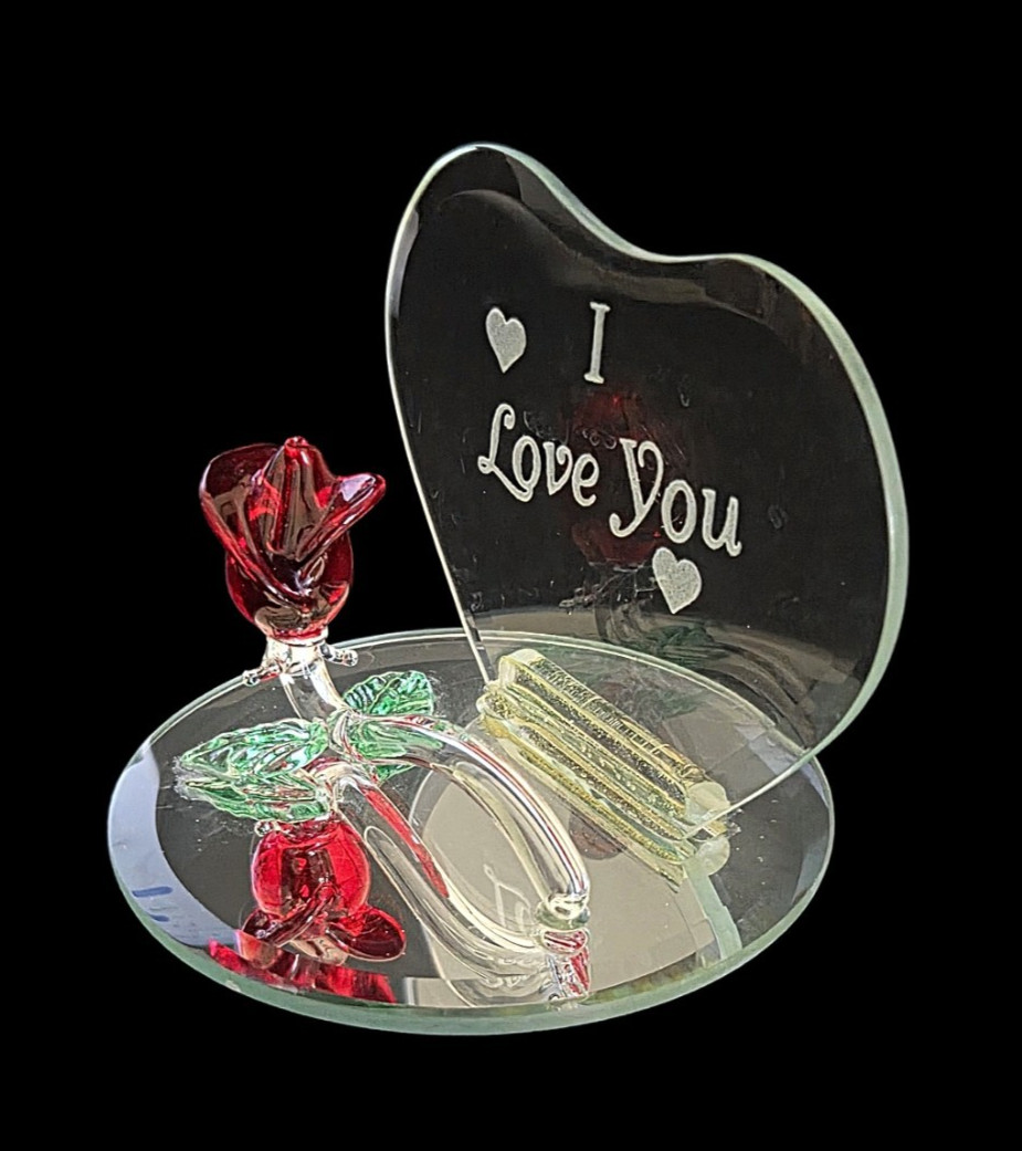 Clear Glass Heart With Crystal Single Stem Red Rose On Mirror Base Figurine