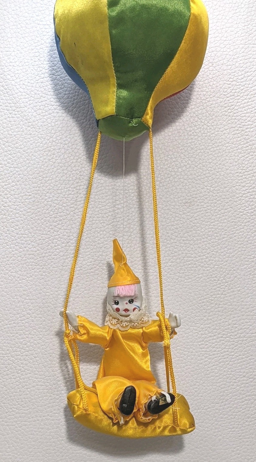 Bisque Hanging Clown Doll Rainbow Hot Air Balloon Poseable Arms Yellow Satin Vtg