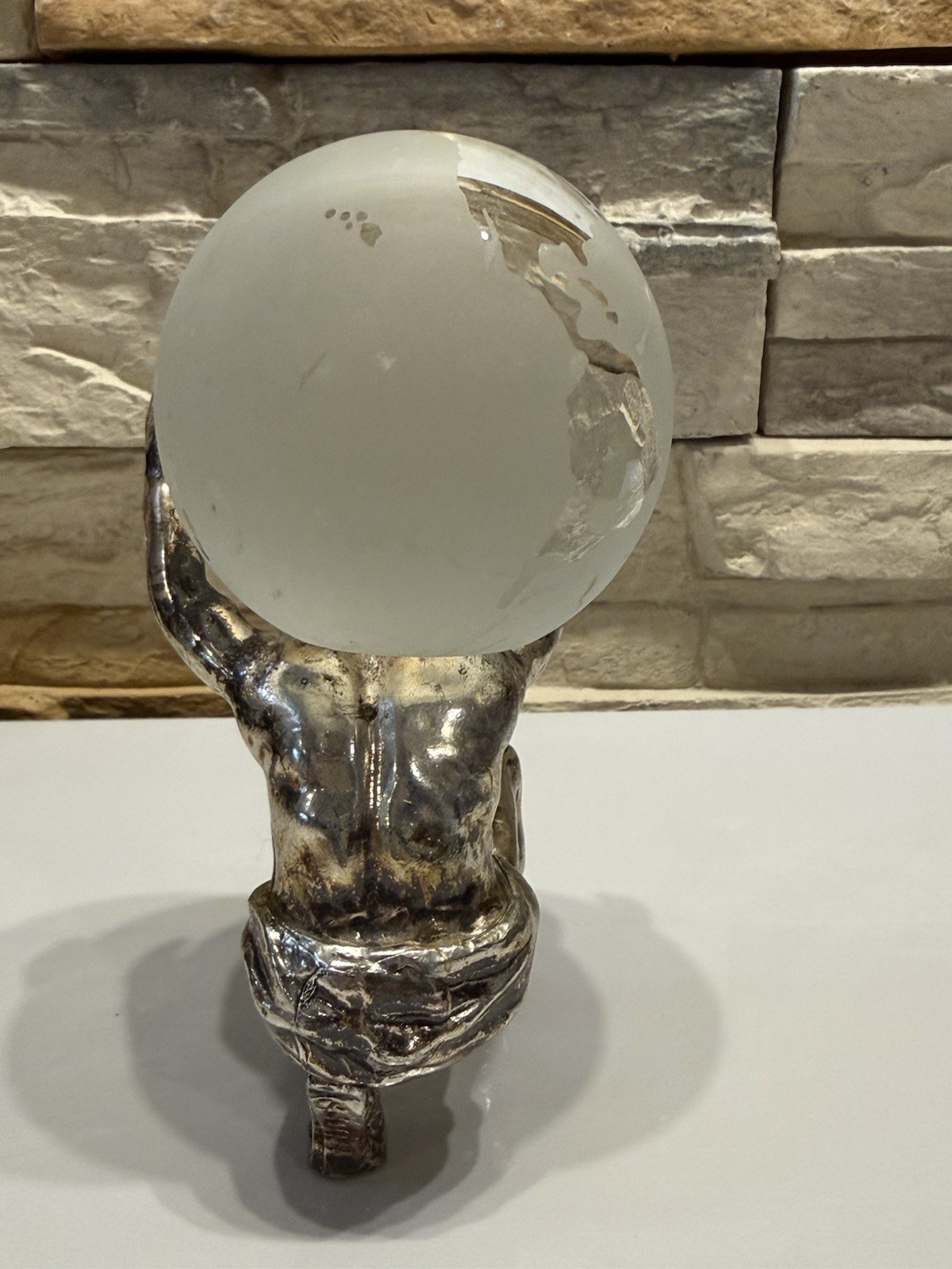 ATLAS SCULPTURE FIGURINE HOLDING SOLID FROSTED ORB GLOBE VINTAGE SILVER TONE