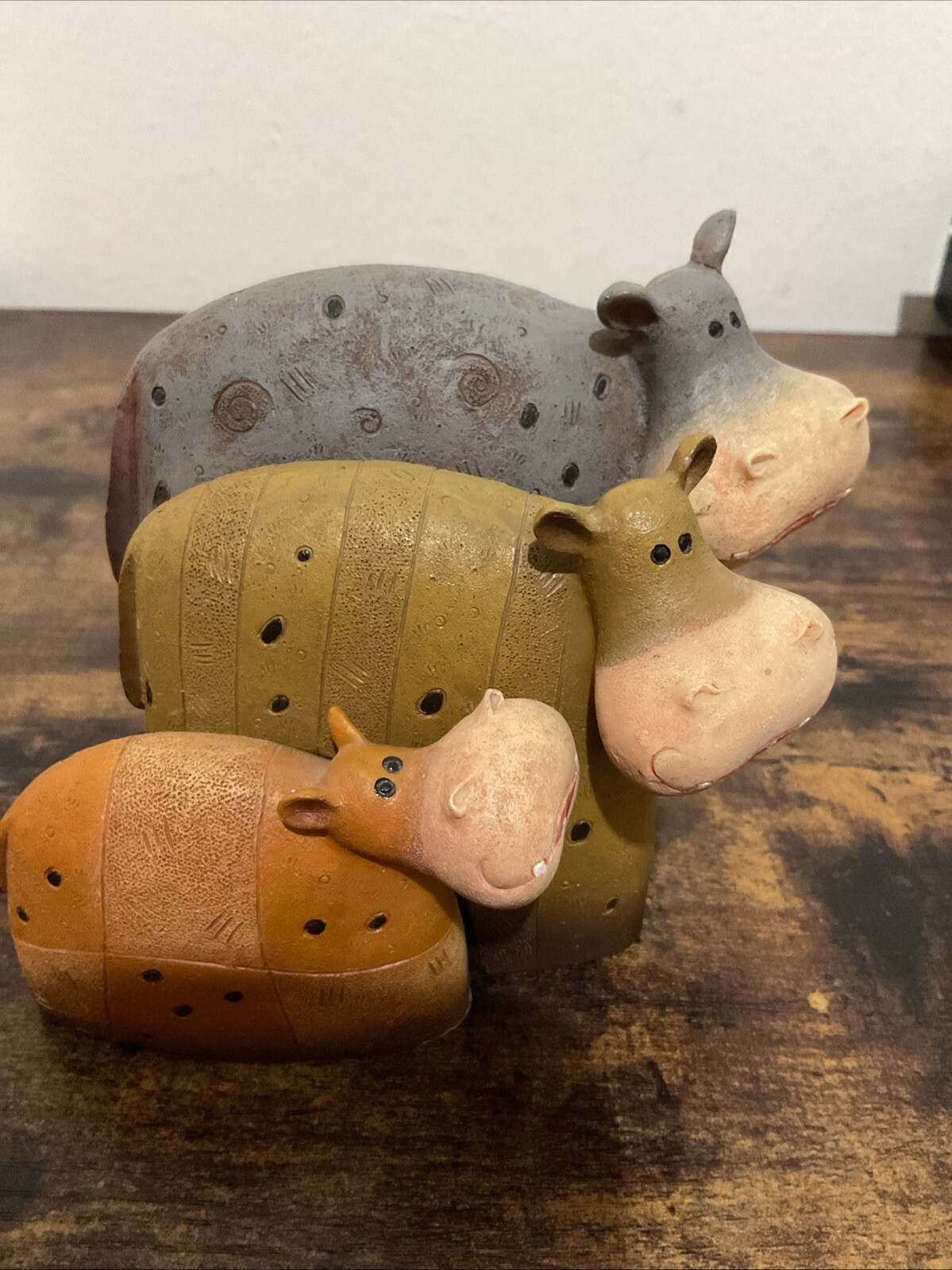 3 Stacked Grey,Green And Brown Hippos Beautiful Set