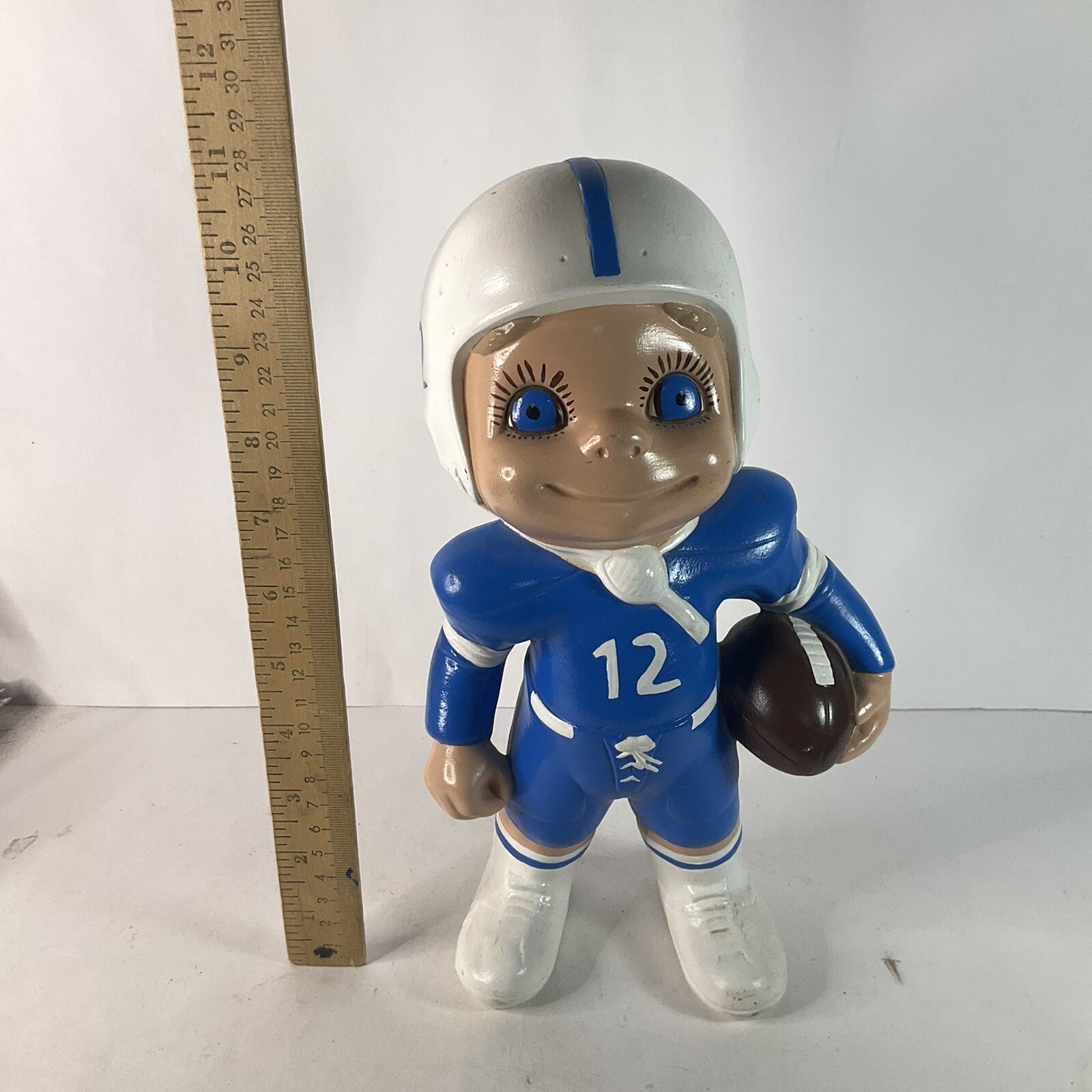 Atlantic Mold 11″ Ceramic Smiling Football Boy #12 Statue Figurine Blue White