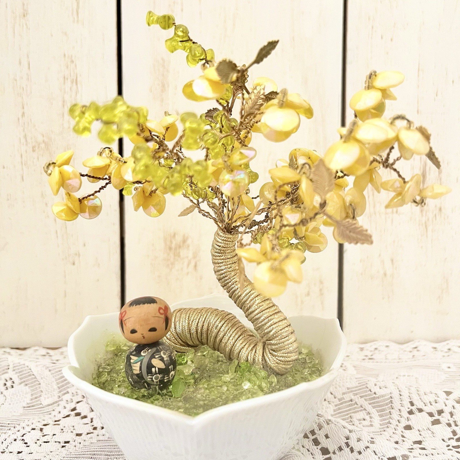Vintage Bonsai Tree With Mini Bobble Head Kokeshi Doll Yellow Green 7” Unique