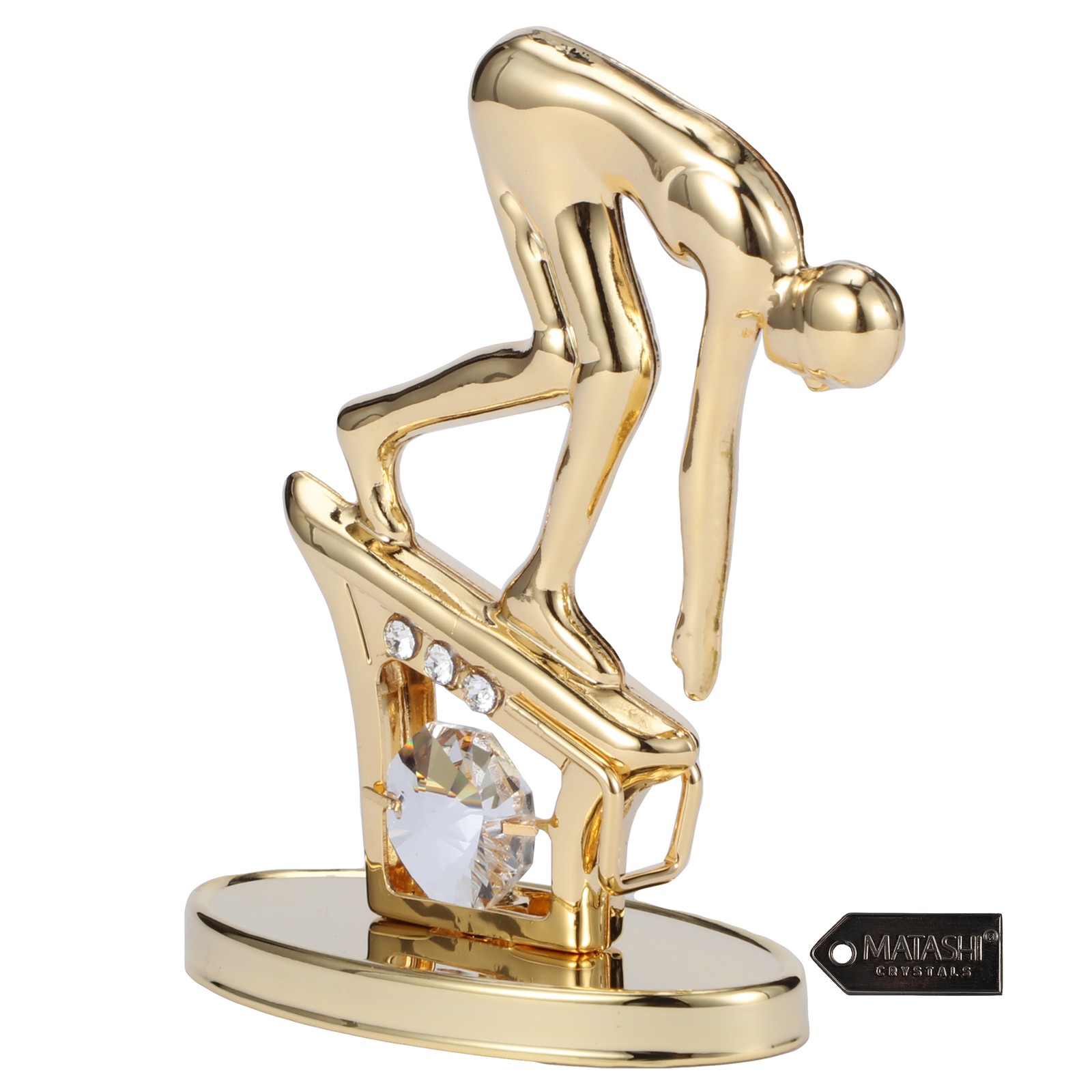 24K Gold Plated Surfer Figurine with Matashi Crystals Surfing Desk Décor Gift