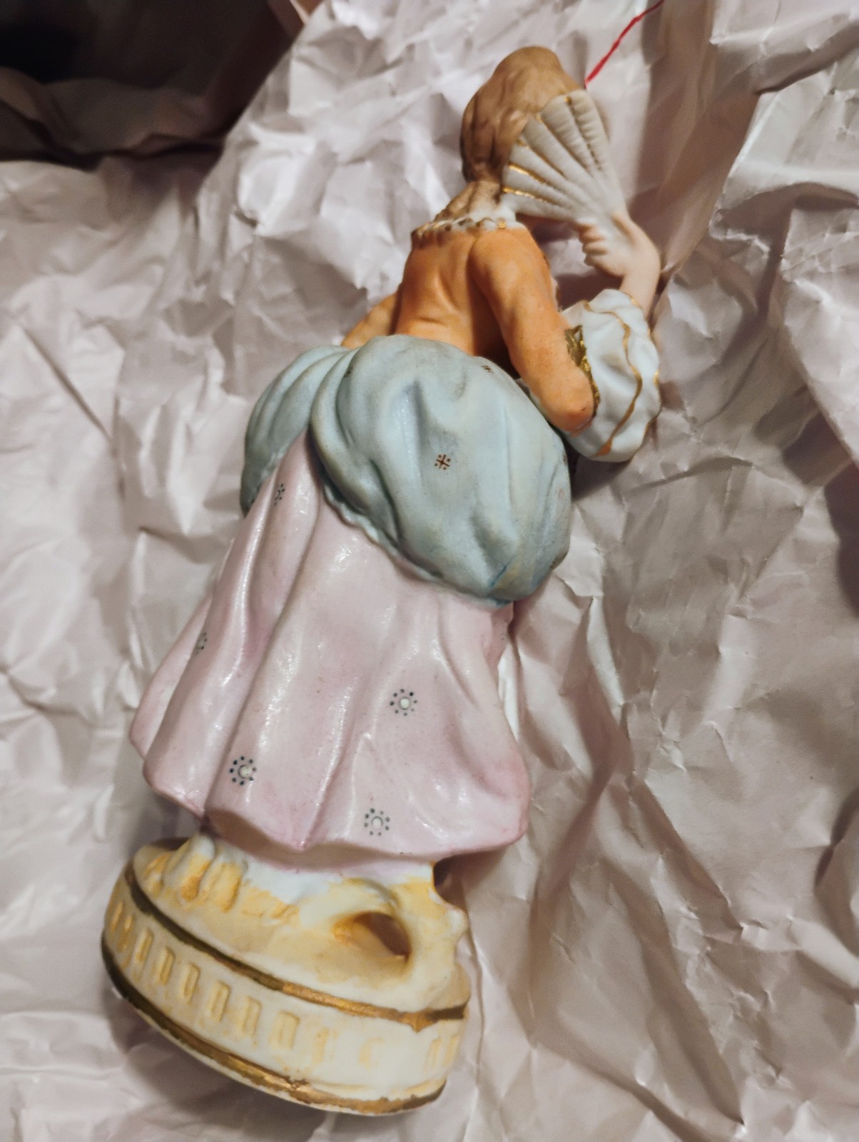 bisque colonial couple figures, gold trim, handpainted, detailed Maruri Japan