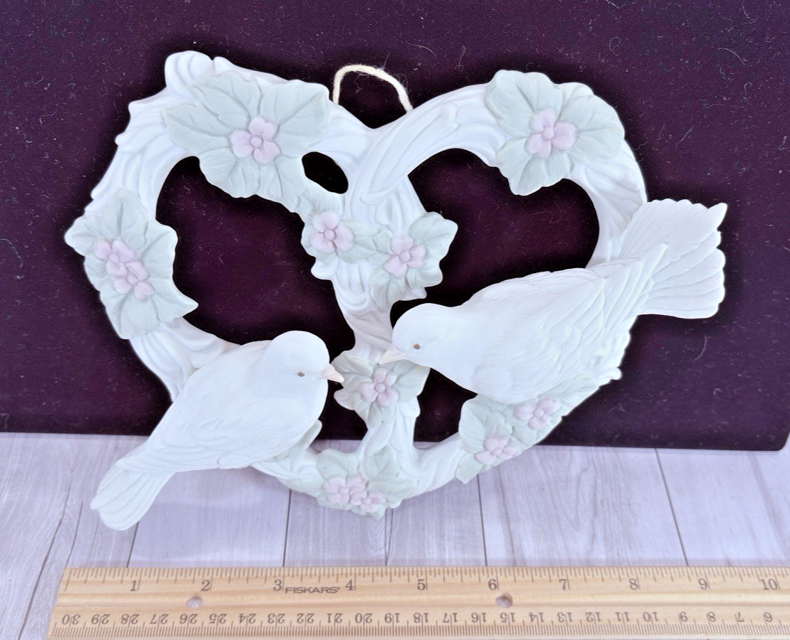 Vintage 80s Hallmark Ceramic Floral Heart Wreath Doves Wall Hanging Japan
