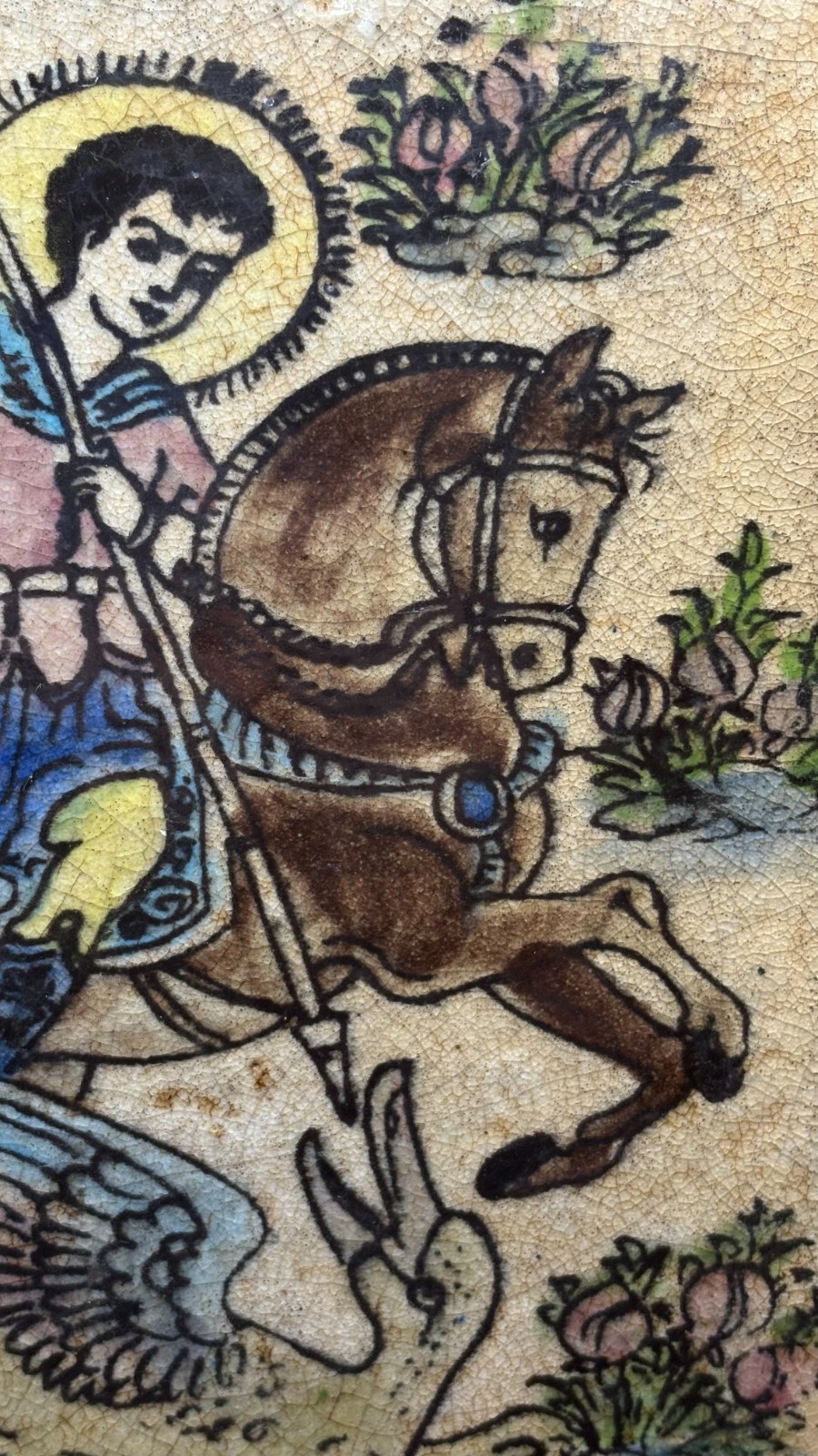 Armenian Hand Painted Ceramic Tile – St. George Dragon 22×22 cm Vintage