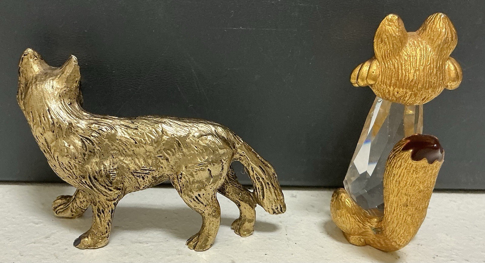 2 Fox Figurines Lencia Crystal Gold Plated Pewter