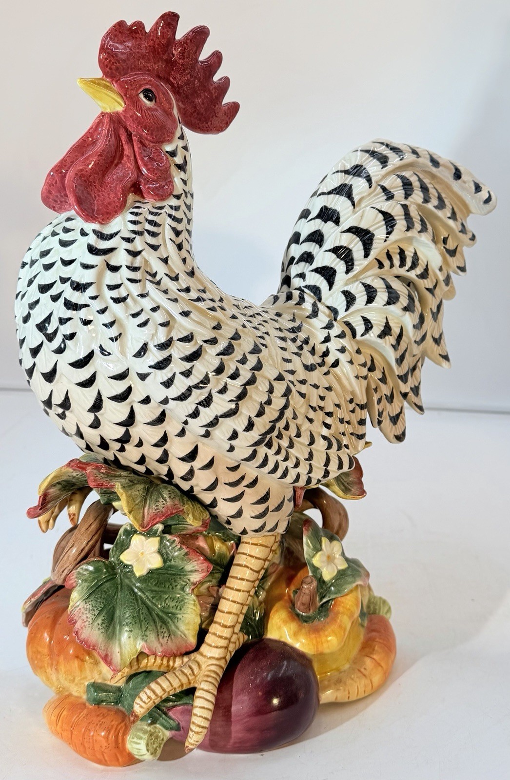 Fitz & Floyd Gourmet Porcelain Rooster Centerpiece Figurine on Fruit 15″T