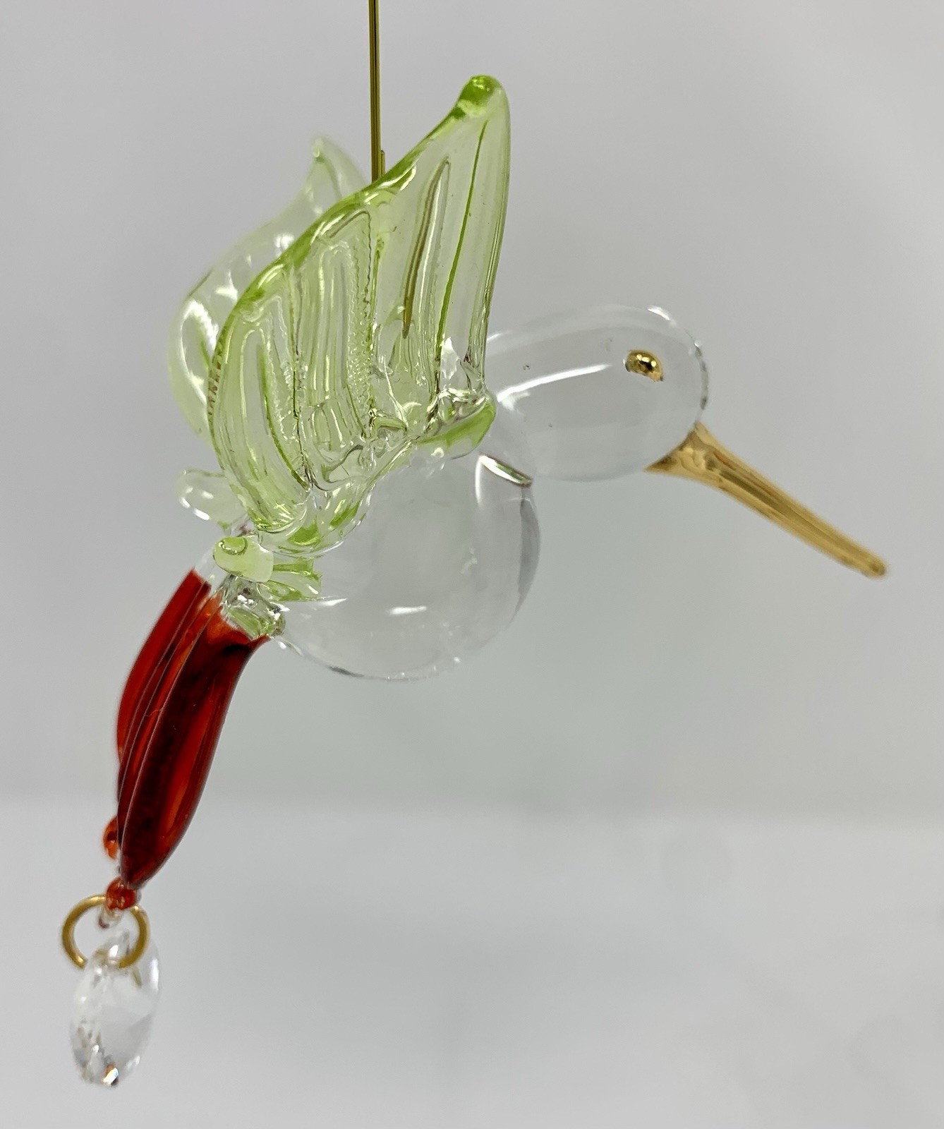 Pair of Glass Hummingbird Ornament Suncatchers – Green & Red w/ Gold Accents