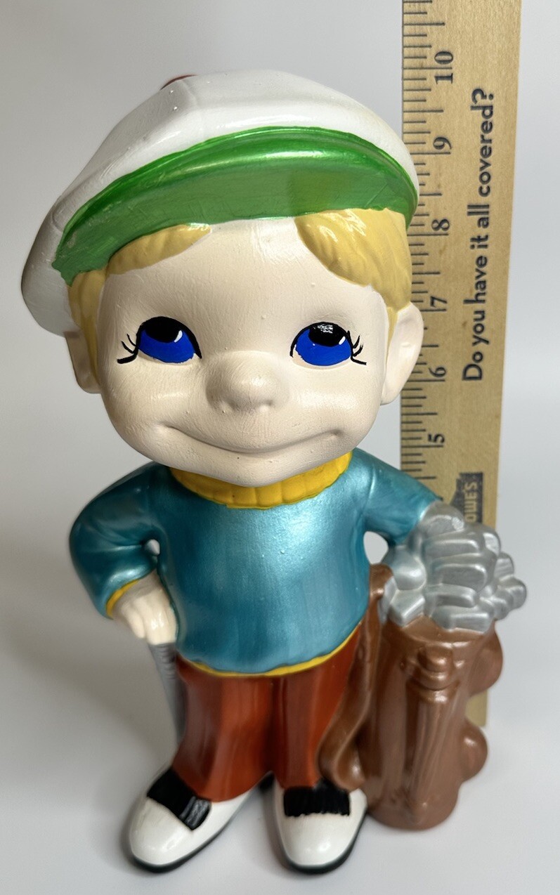 Vintage SMILEY Boy Ceramic Green GOLFER Statue by 1970’s Atlantic Mold Company