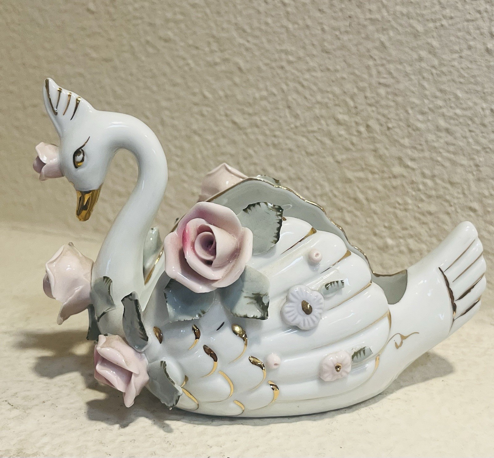 Vintage Chickusa White Swan Dish 3D Flowers Porcelain Figurine, Golden Accents