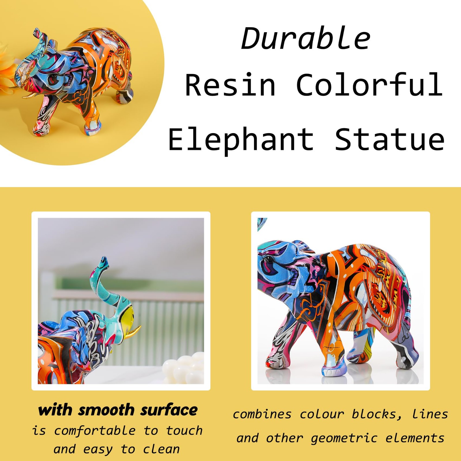 7.4 Inch Resin Colorful Elephant Collectible Figurine Home Office Decor
