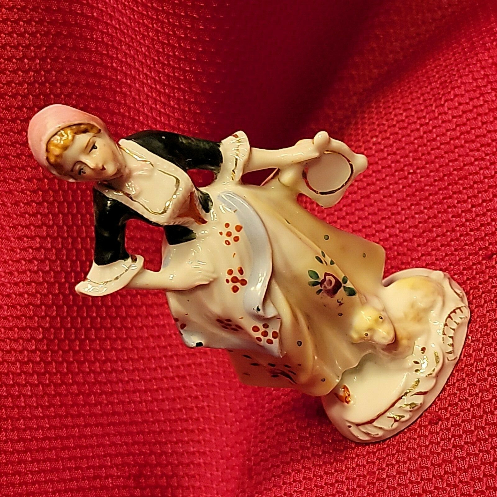 VTG occupied Japan Ceramic Porcelain Glass 5″ figure Colonial Woman Sheep Lamb