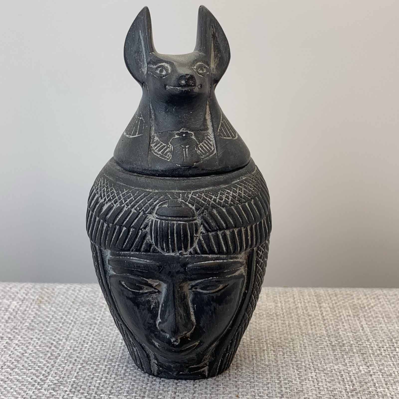 Black Canopic Jar Jackal Egyptian God 4.5”