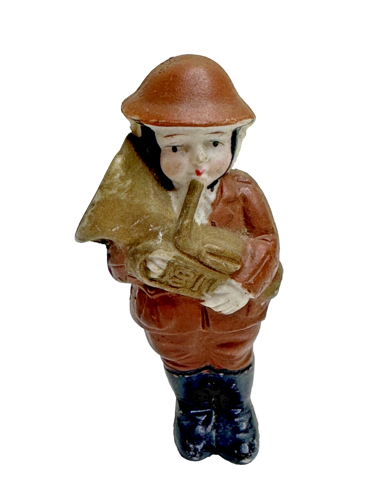 Vintage Figurine Military WWI Man Playing Horn Ceramic Japan Brown Outfit 3.5 in
