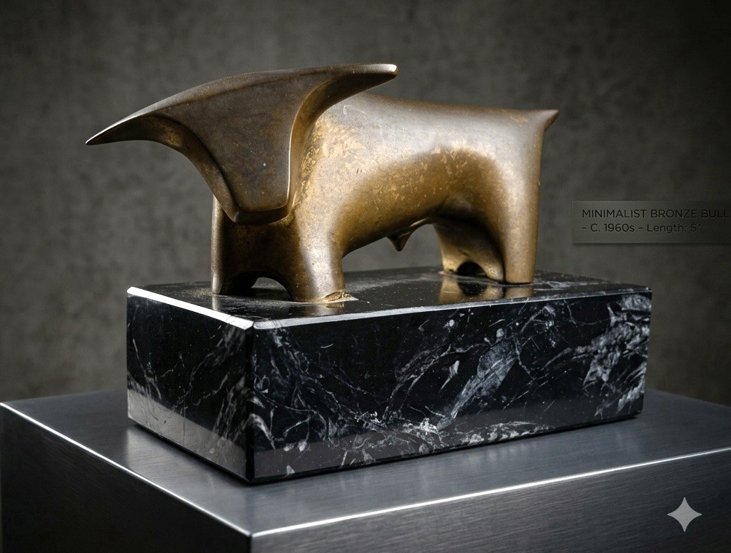 Vintage 1967 MCM Solid Bronze Bull Sculpture Signed Saldana; Heavy; Marble Base