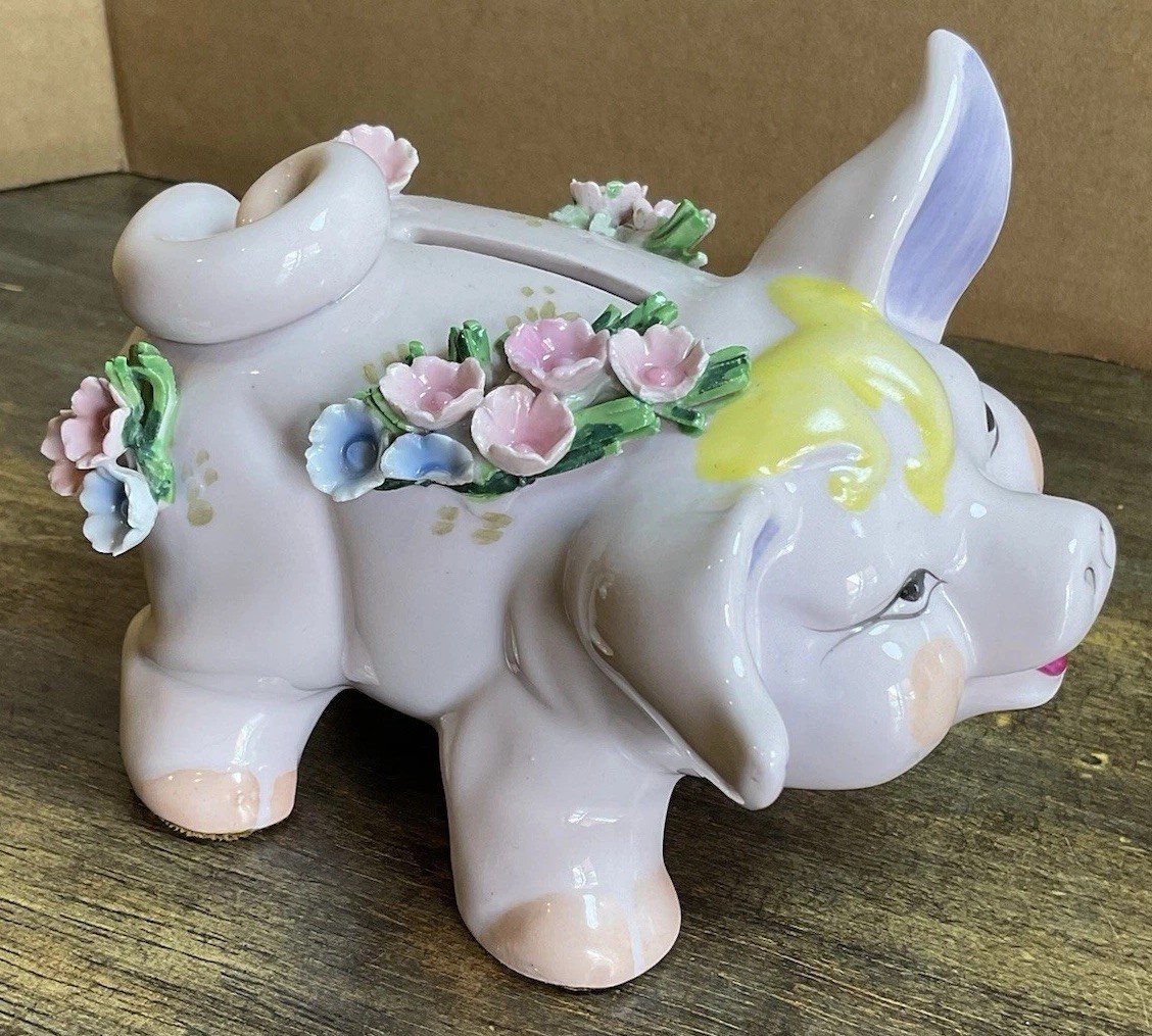 Lefton China Figurine Piggy Bank Hand Painted with flower accents