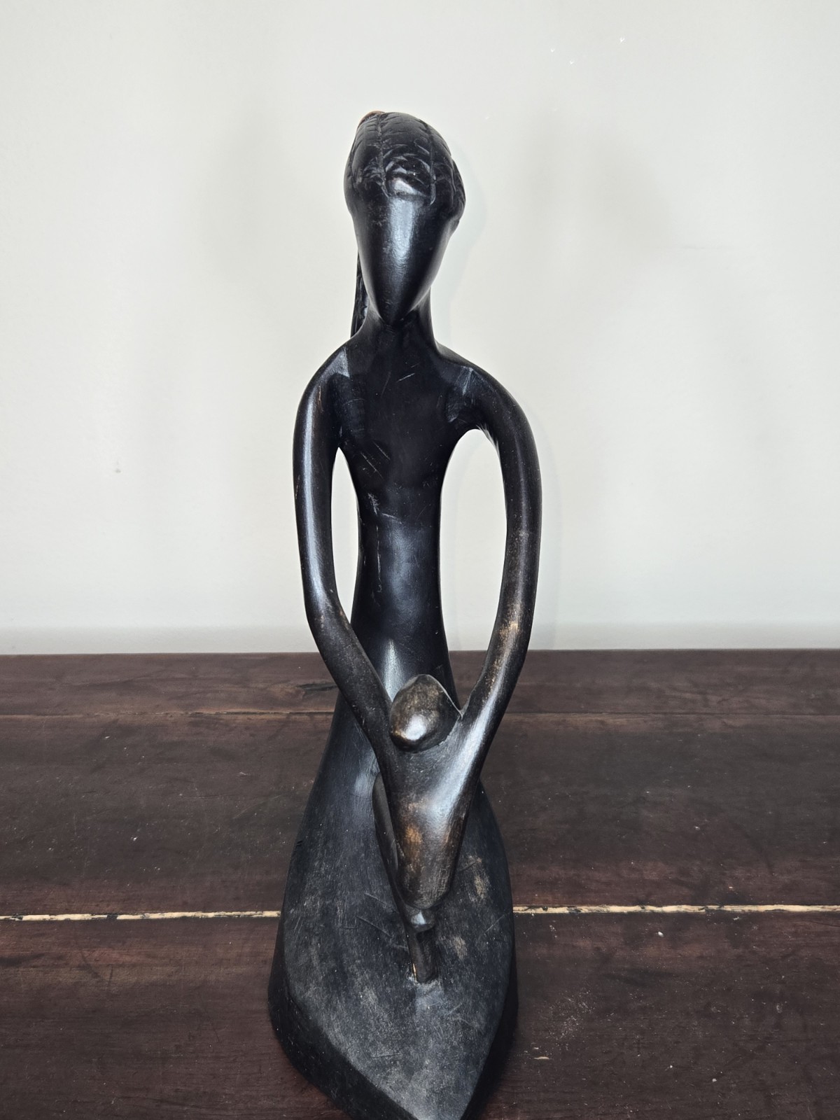 Vintage Modern Abstract Wood Carved Figure Statue Mother Child 13”