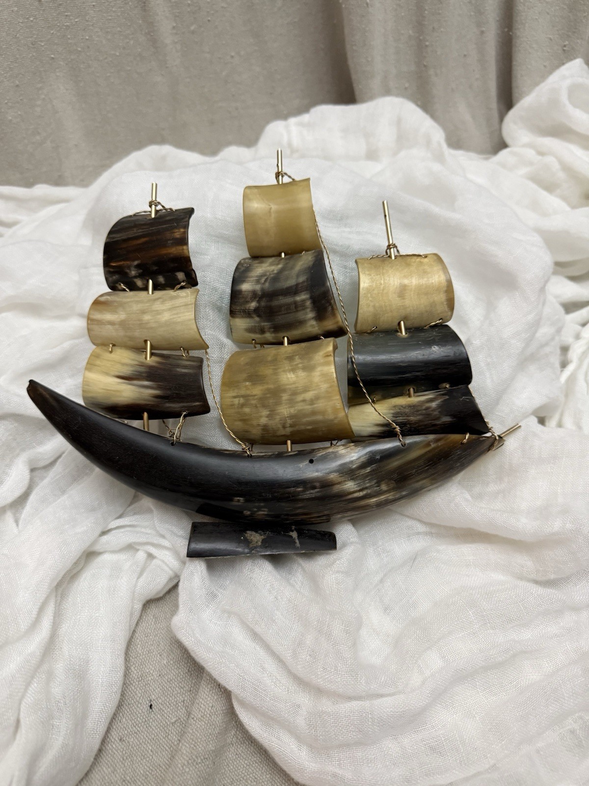 Vintage 1950’s Handmade Bull Horn Sailing Ship Nautical Coastal Art Sculpture