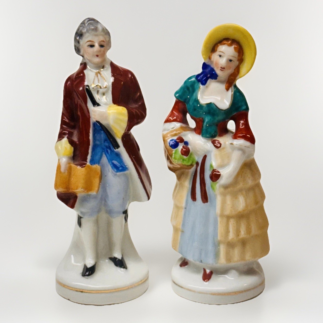 Occupied Japan Colonial Couple Porcelain Figurines Hand Painted Vintage Pair