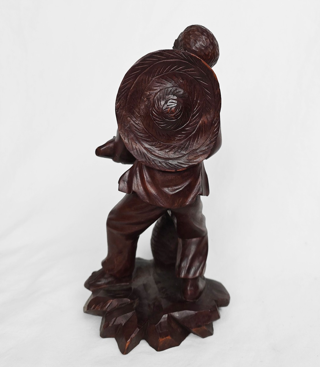 10″ Vintage Hand Carved Fisherman Wood Statue Figure Holding Fish 1950s–1970s