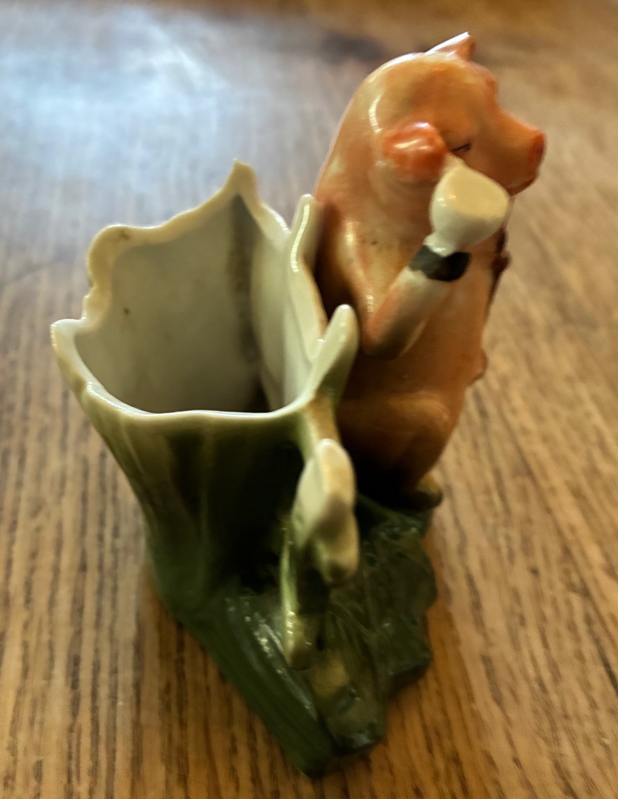 Antique German Fairing Pig Figurine Drunk Pig w/ Cup & Pipe Leaning on Fence