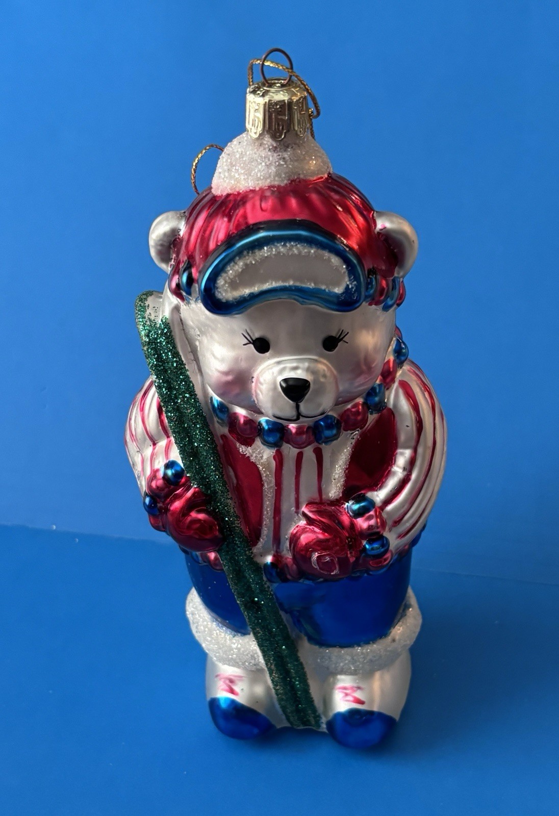 Santa’s Best Cubby Bear Skiing Bear Glass Christmas Ornament