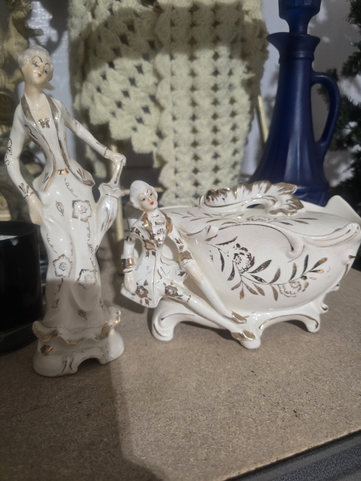 Victorian Ceramic Hand Painted Figurine & Dish Set Floral Gold Accents Women 2pc