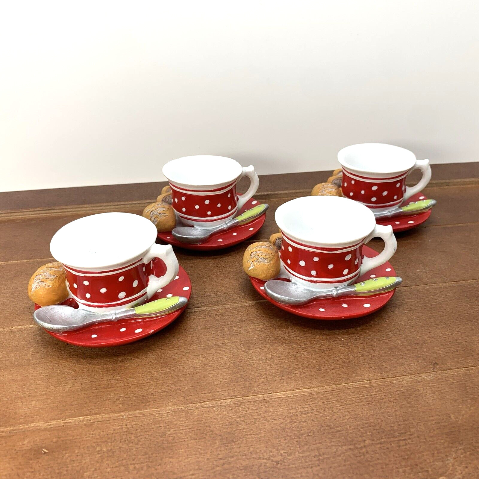 Set of 4, Silea Hand-Painted Resin Tea Cups Saucer Spoon Polka Dots Figurines