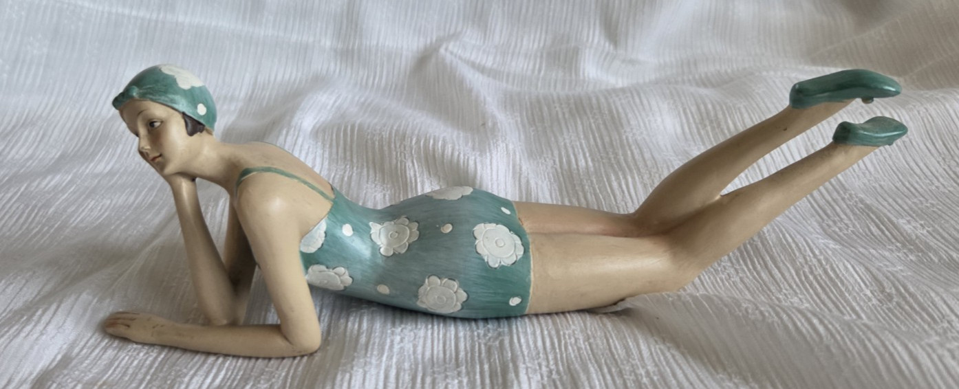 3 Art Deco Bathing Beauty Figurines Teal Blue Flower Swim Suit Retro Beach Babes