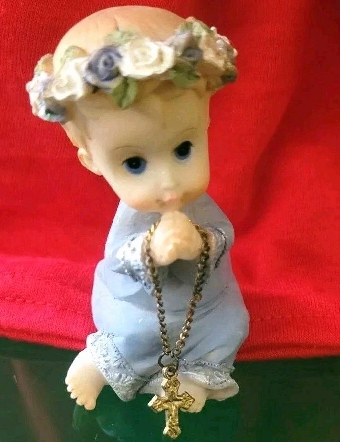 Praying Child Flower Head Band Holding Cross with Chain Jewelry Figurine Vintage