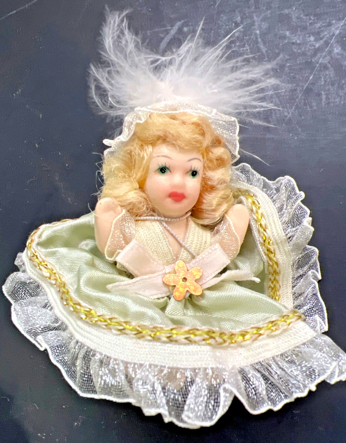 Porcelain Baby Doll Figurine With Feather Hat & Ruffled Dress – 3” Collectible