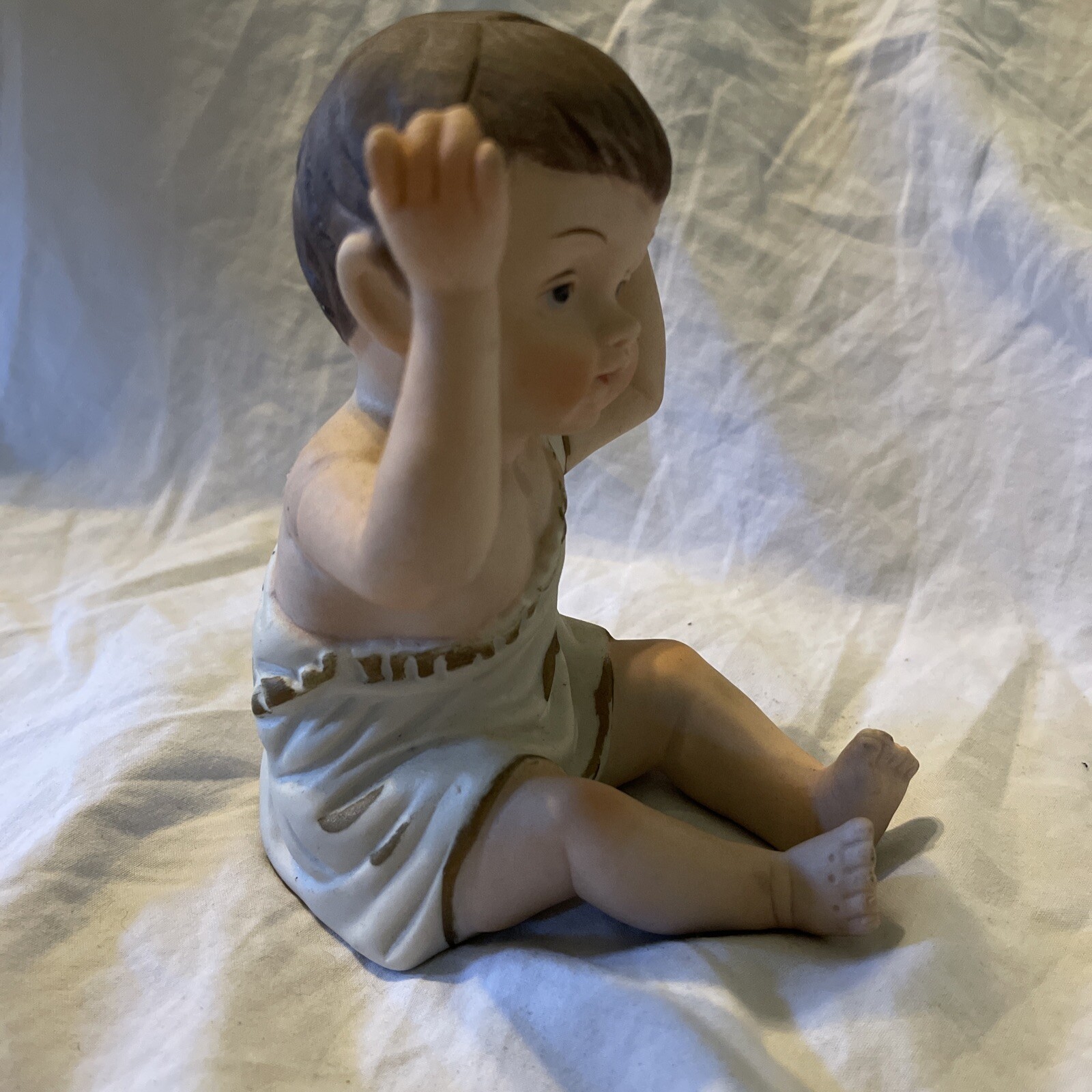 Heubach Unmarked 8” German Piano Baby Toga Greek Sitting Hands Up Figurine Boy