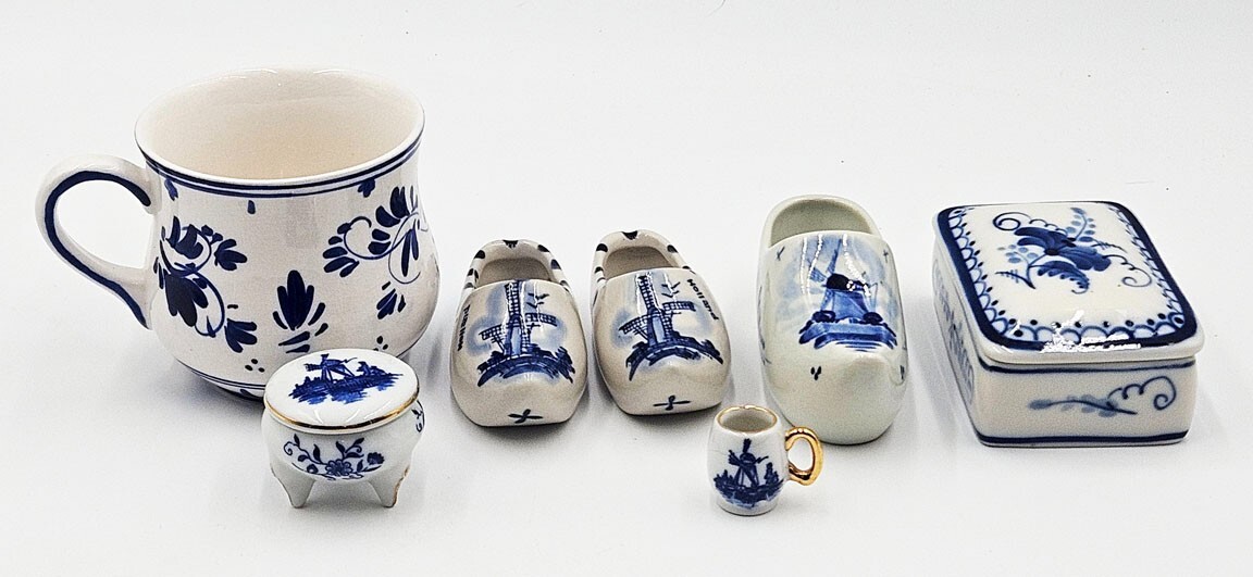 Delft and Other Blue and White Ceramic Pieces Shoes Box Mugs