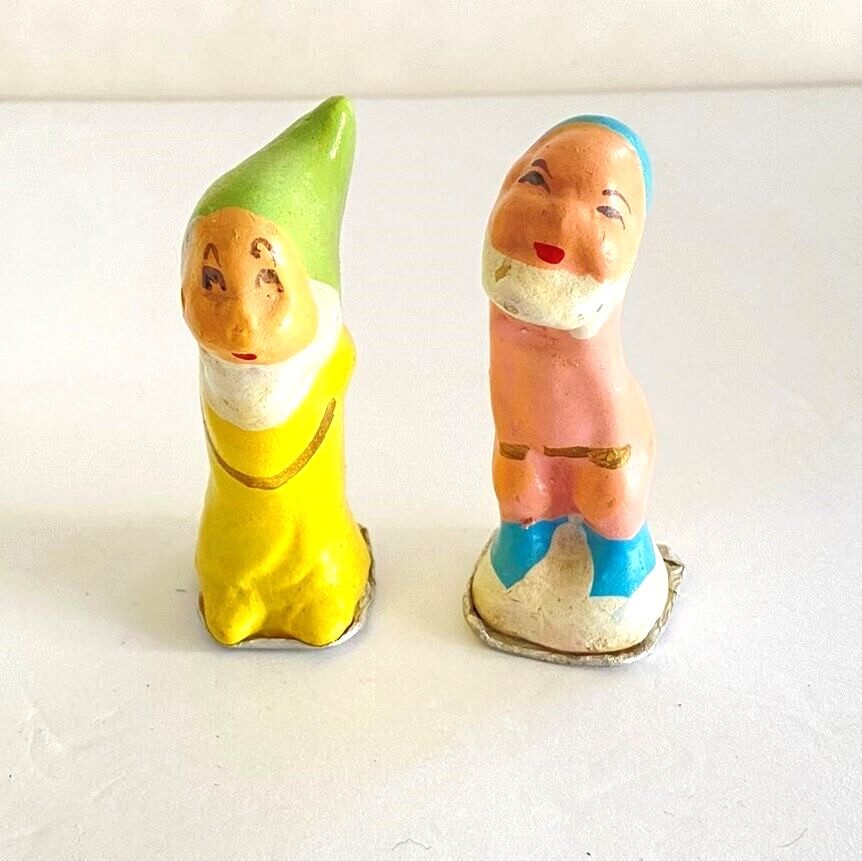 Vintage 30s 40s Snow White 5 Dwarfs Figurines Hand Painted Plaster 6.25in 3.25in