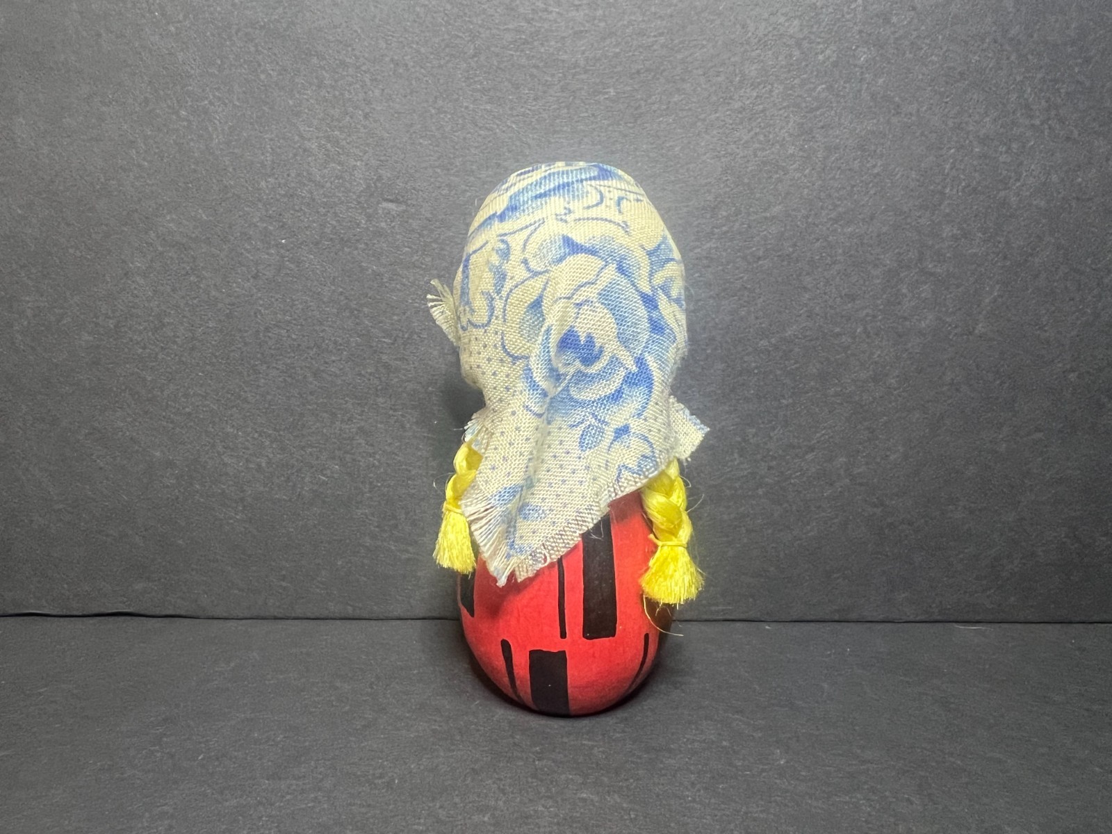 Vintage Hand Painted Red Wooden Easter Egg Babushka Woman Doll w/ Scarf 3.25″