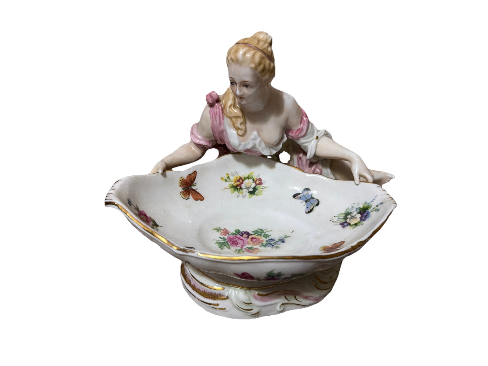1977 Porcelain Figurine Statues Pair Sweetmeat Dishes Meissen Like Homco