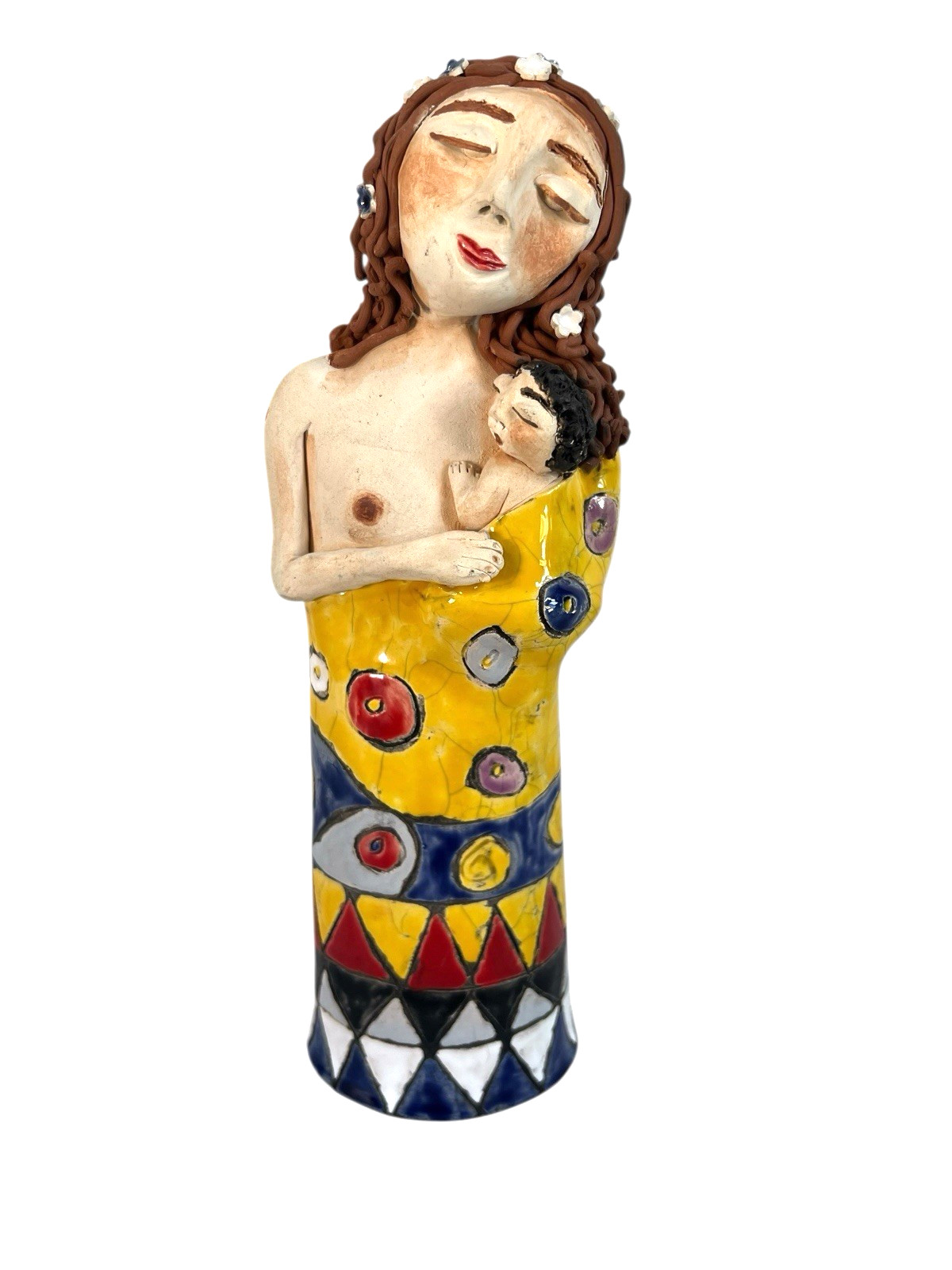 vtg hand made folk art Portugal artizan ceramic pottery mother and child 12”