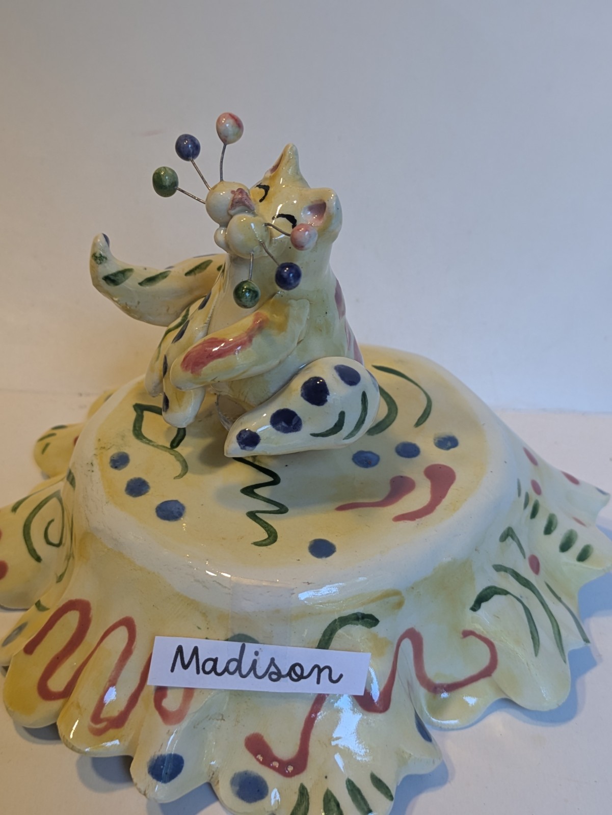RARE Colorful Multi Pattern Musical “Madison” WhimsiClay Cat Handmade Original