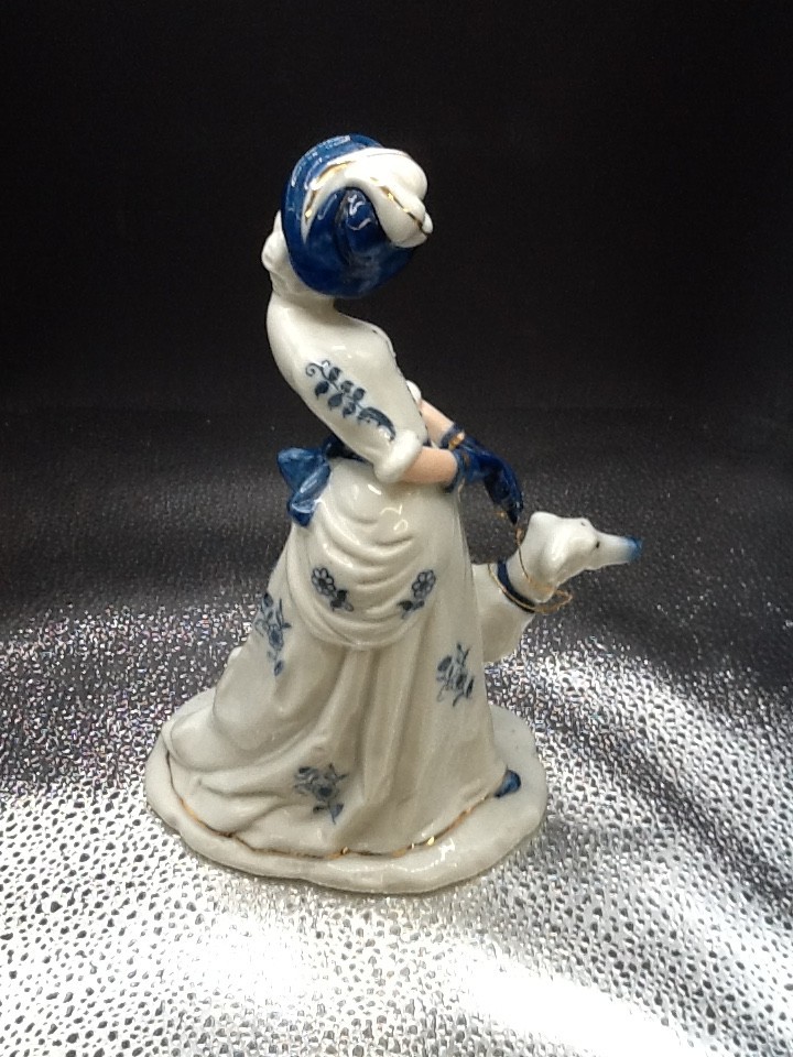 Vintage Fine Porcelain Elegant Lady With Borzoi Figurine Blue flowers Gold Trim