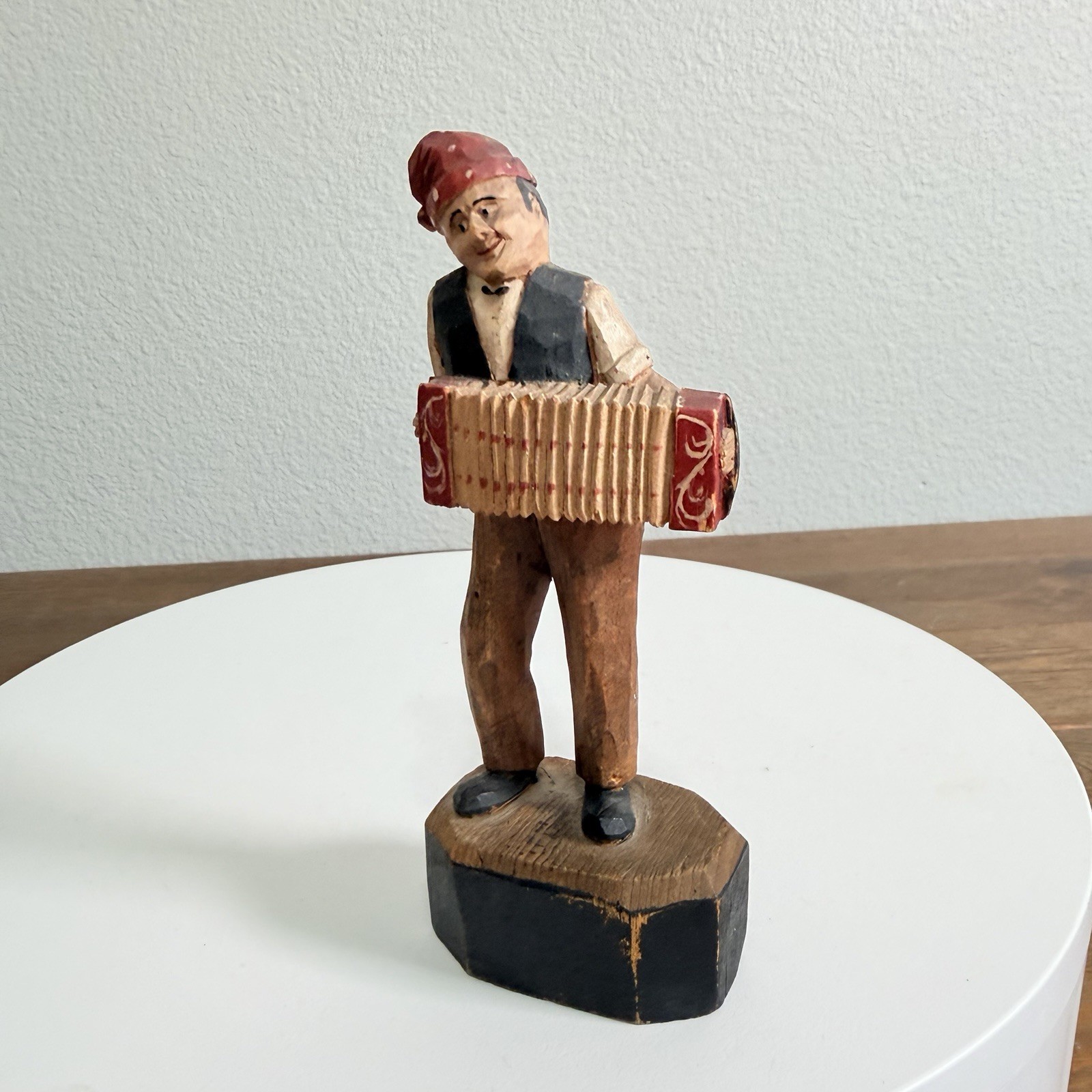 Vintage Italian Hand-Carved Wooden Musician Accordion Player Figurine