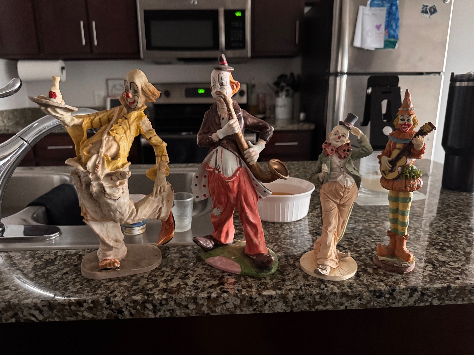 Resin? Clown figurines various sizes, very small chipping, gifted unsure brand?