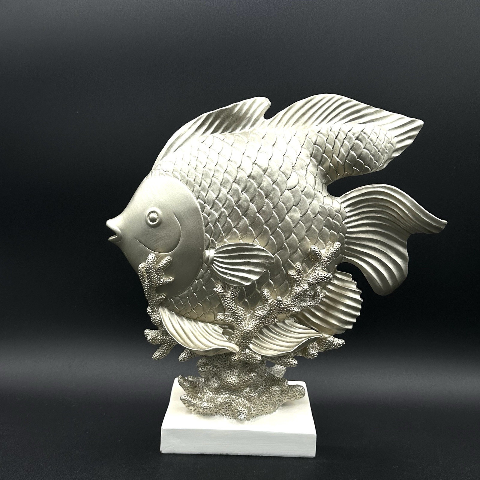 Vintage Silver Metal Fish Statue on White Wood Base Coastal Nautical Decor