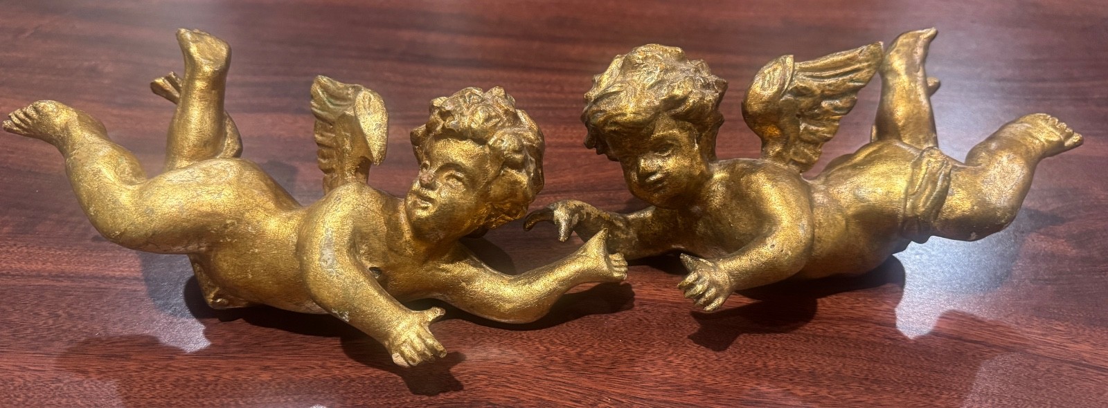Pair of Antique Italian Hand Carved Gilded Baroque Style Cherubs